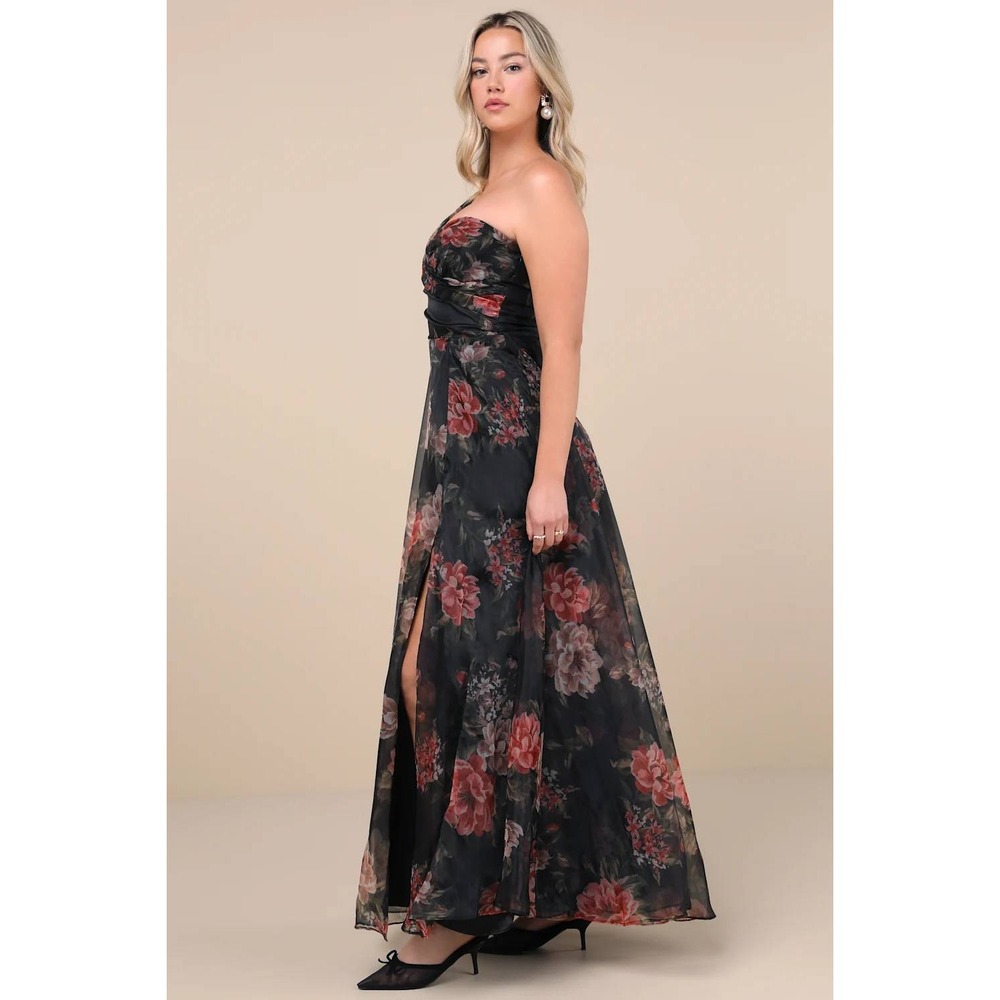 Lulus Truly Extraordinary Black Floral Organza One-Shoulder Maxi Dress Large - Picture 6 of 8